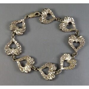 Vtg STERLING SILVER Diamond Cut Open Heart w/Wings Charm Chain BRACELET 7-5/8"